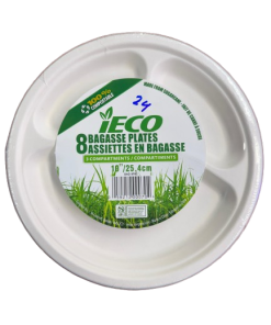 10" BAGASSE 3 COMPARTMENTS PLATE 8 PCS (PACK OF 12)